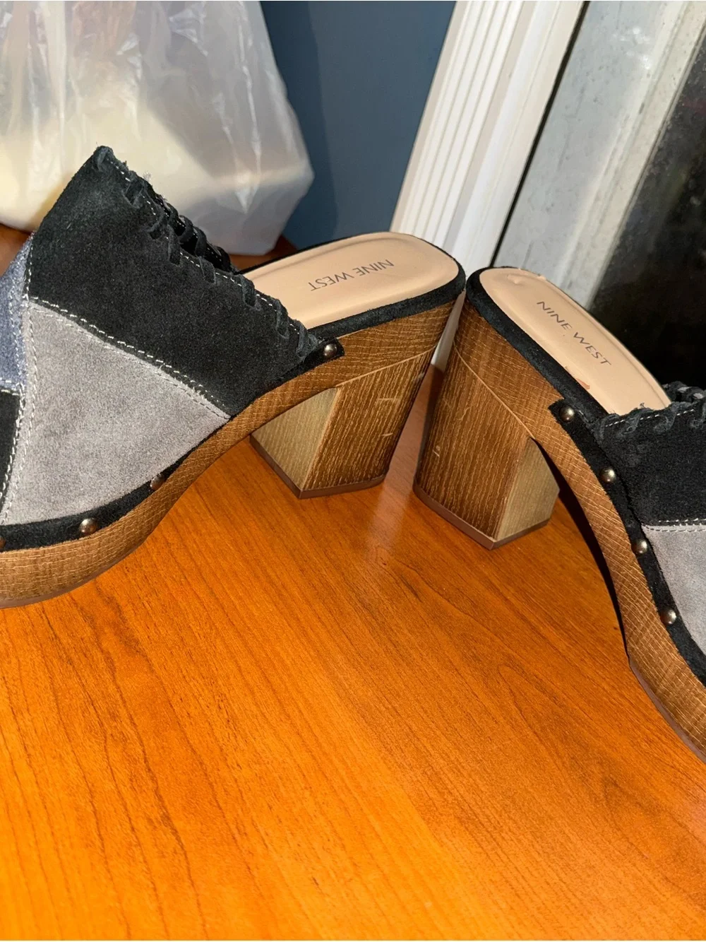 Nine West Two-Tone Suede Platform Clogs in Navy and Gray